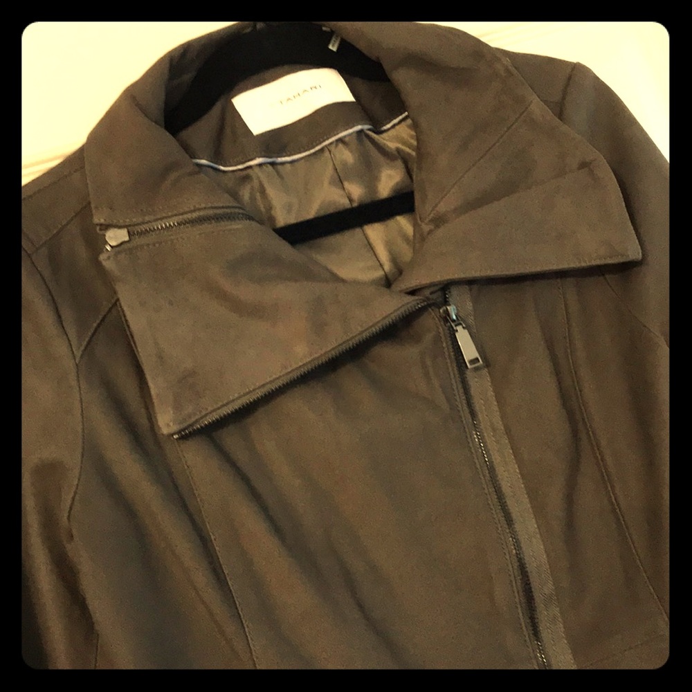 Gray Leather Moto Jacket with 3-Way Collar